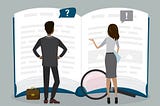 Illustration of a male and female employee standing in front of an employee handbook learning how best to tackle modern and remote work issues.