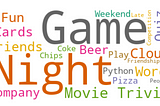 A colorful word cloud with terms for game night such as movie trivia, friends, pizza, fun.