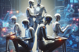 Six futuristic robots performing tasks on a next generation data center.