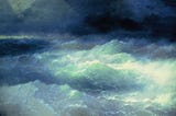A turbulent seascape painting, illuminated by a ray of light from the top left. The majority of the image is cresting and swelling medium-blue waves, lit light green by the ray of light, with dark blue clouds and sea in the background.