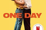 A long shot of Emma and Dexter kissing on a cheerful yellow background