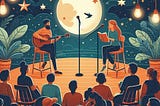 Illustration of an open mic night with a gentleman strumming a guitar and a woman reading poetry from a book on stage in front of an audience.