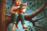 A little girl and her cat are sitting on a branch of a tree high off the ground and are scared.