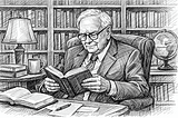 An elderly man in a suit reads a book in a cozy library, surrounded by shelves, a lamp, a globe, and a cup on the table.