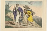 Old hand-colored print of Abraham walking with his son, Isaac toward the place of sacrifice.