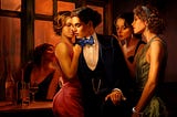 A group of fashionable women in a speakeasy. The central figure is a mannish woman in a tuxedo holding a younger woman suggestively.