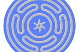 Image of a silver, burnished labyrinth with a star at the center on a blue field.