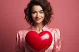 Woman holding red heart balloon