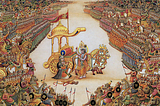The picture depicts a scene from the epic war in the Mahabharata. It illustrates the war’s vast scale and shows God himself giving profound teachings to one of his disciples in the midst of the battle.