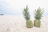 Two very similarly looking pineapples on the sand beach.