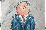 Cartoon drawing of a man in a suit standing in the rain.