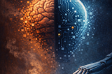 A conceptual illustration titled “When Thinking Becomes Optional” showing a large human head split vertically: One half, a realistic organic brain in warm tones, the other half, a blue-toned digital brain made of circuit patterns. At the bottom, a robotic hand types on a sleekkeyboard, contrasting with a worn, wooden pencil lying discarded and broken on a dark, dusty surface to the left.