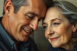 Image shows a man on the left, a woman on the right. Both of them are smiling and they lean with their foreheads against each other.