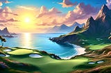 A digital art rendering of a tropical oceanfront golf course looks like Tahiti with the combination of the tall pointy mountains dispersed throughout the water. The combination of the sun setting in the distance, majestic clouds in the sky, blue ocean water, and a golf course you would only see in your dreams, is an example of perfection.