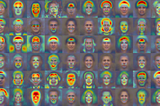 Grid of 70 averaged faces for different face attribute categories, with overlaid heatmaps indicating significant regions.