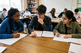 Students work together around a classroom table, revising notes and discussing a shared learning challenge.
