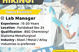 Urgent Job Vacancy for Lab Manager In Faridabad