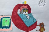 my first tom and jerry picture. of tom in a cradle jerry leaning on the side.