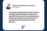 I am deeply saddened by the tragic incident at Reagan National Airport.