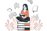 Girl sitting in a pile of books with books flying around her.