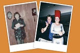 Snapshots of me in my costumes. Left, dressed as a little green sprout; right as a giant lipstick.