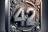 DALL-E 3. Prompt: Illustration of a square flyer with a reflective metallic surface. The number ‘42’ is prominently embossed in the center, giving it a 3D effect. Surrounding the number, there’s a detailed array of moving gear mechanisms and pulsating digital nodes, emphasizing its significance. From the number, intense beams of light radiate outward, producing dynamic shadows on the metallic backdrop. Positioned at the bottom center of the flyer is the phrase ‘The answer’, alluding to Douglas A