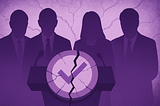 Silhouetted figures of four U.S. senators stand behind a cracked podium with a broken checkmark symbol, depicted in purple hues to convey dysfunction.