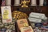 Inside Supreme Court. Gold statue of lady justice sits on bench. Gold bars, large piles of $100 bills and piles of $1 million checks signed by “EM” are on floor in front of bench. Political mailers and yard signs scattered on floor. “SCOTUS” letterhead with 2 Post it notes on it says “MO MONEY’” and “Reminder: use dark money group NOT Super PAC”. Red stamp on paper says “2010.” Unlocked shackles hang off bench. File folders labeled DARK MONEY and HEALTHCARE PLAN stamped in red DENIED.