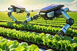 Farming robots working in a field, contributing to sustainable agriculture by optimizing resource usage and promoting environmental stewardship.