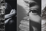 A collage of images of the sea, arms entwined and the eye in half a face