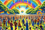 A colourful image full of rainbows and rainbow metaphors. A large group of people are happy and celebrating.