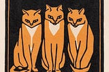 White, orange, and black woodcut print of three orange tuxedo cats sitting next to each other.