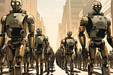 An illustration of an army of robots marching down a city street.