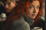 Red-haired woman on a date with a man in a coffee shop.