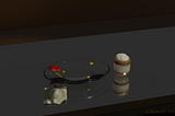 A kitchen countertop, after eating a burger. A latte remains right next to the dish to be consumed.