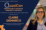QuasiCon flyer featuring headshot of Claire DeMarco