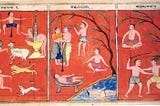 Karni-Bharni painting depicting 3 of the 7 Jain hells from manuscript of Samghayanarayana, India, 17th century. Source- Wikimedia Commons