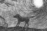 Black and white monotype etching of a small dog beneath the sun’s rays