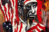 A man of color surrounded by melting American flag images.