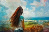 Painting of the backside from the hips up of a girl with long dark-auburn hair looking out over land and distant ocean. She is wearing jeans and a t-shirt.