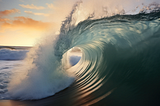 View through a huge ocean wave curl with the horizon and a setting sun in the distance.