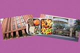 A collage of Bobst Library, a packed lunch in an organized container, and Kimmel Center for Student Life over a purple background.