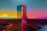 An abstract landscape with a large glass rectangular cube in the center refracting multi colored light
