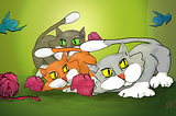 A cartoonish scene, cast in green, of a trio of kittens, each flaunting a mitten. The cats are gray, orange and brown, a couple of birds fly around, and they’re having a ball (of yarn, that is). Art by Doodleslice 2024