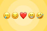 Left to right: Crying smiling emoji, sad emoji, heart emoji, smile emoji, cry with laughter emoji.