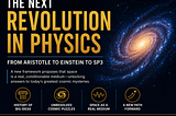 A modern science-themed poster titled “The Next Revolution in Physics.” The design features a large glowing spiral galaxy on the right against a deep blue star-filled space background. On the left, bold gold and white typography reads “The Next Revolution in Physics, From Aristotle to Einstein to SP3.” Smaller supporting text explains that a new framework proposes space behaves as a real, conditionable medium that may help explain unresolved cosmic mysteries. Along the bottom are minimalist gold