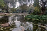 Popular park, known as Sundar Nursery with a big pond surrounded with a few trees