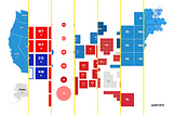 The United States political map represented in the Election 2020 data visualization by various media outlets