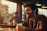 a healthy and happy man drinking coffee in a coffee shop while the sun rises