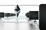 Two rows of computer monitor silhouettes with the Ethereum symbol, in black, in the middle.